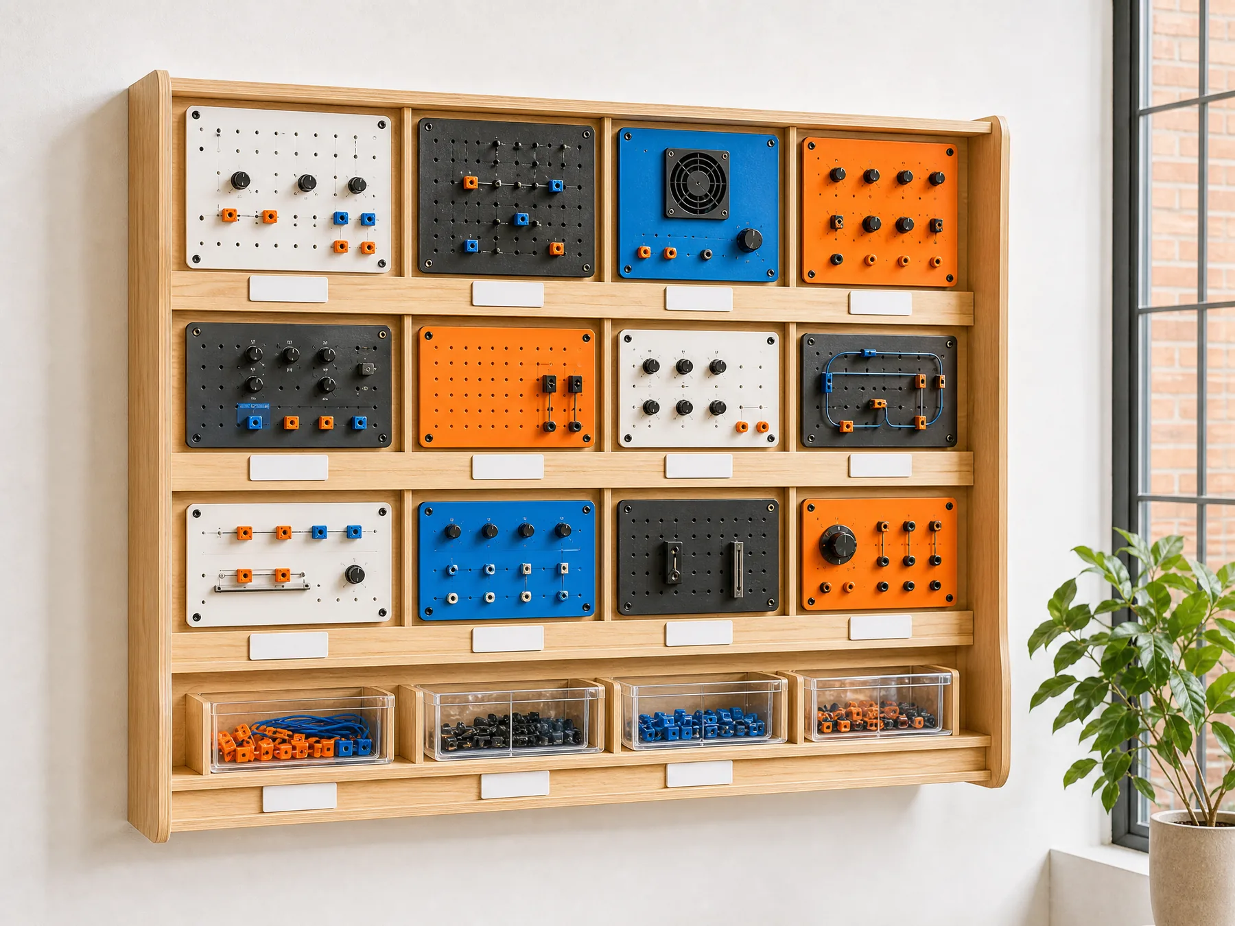 A rack of interchangeable practical IT course modules