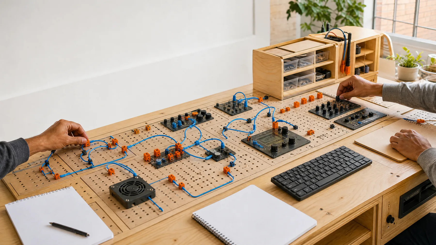 A bright electronics learning bench prepared for practical IT study